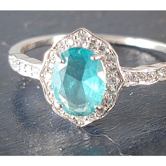 Stunning Rhodium-Plated Size 9 Ring with Aqua Blue Gemstone and Halo Accents - Picture 2 of 11